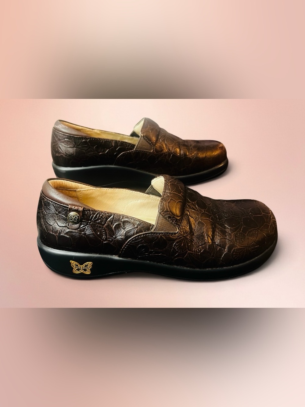 Alegria Keli Leather Slip-On Clogs - Embossed Floral Brown (Size 38 /US 8-8.5